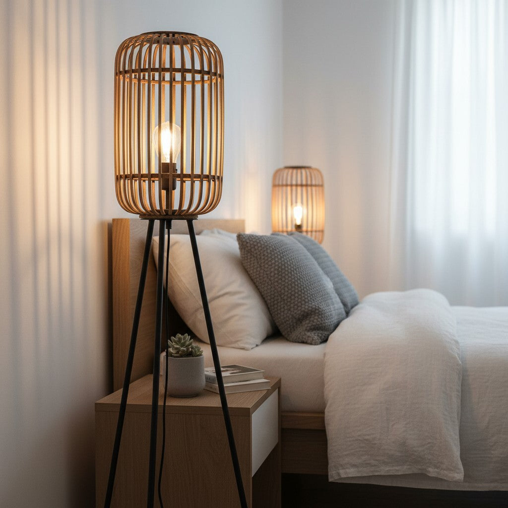 Yumeko Natural Woven Floor Lamp – Modern Scandi Bamboo Shade Standing Lamp for Bedrooms or Living Rooms