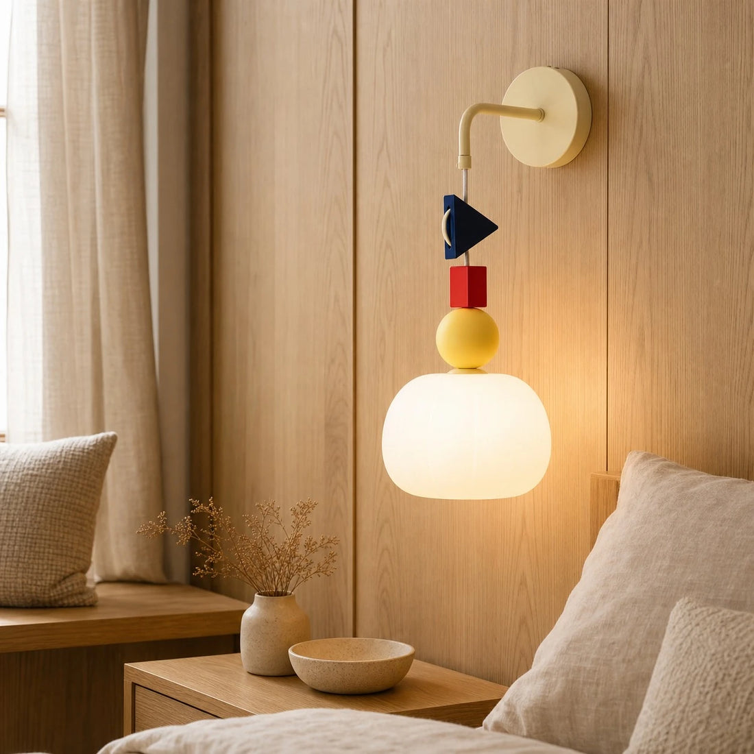 Shade B Cream White wall sconce beside a wood-paneled bed