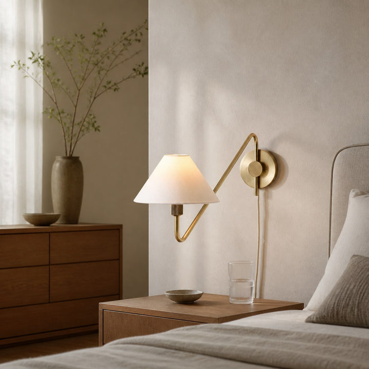 Diora Plug-In Wall Sconce - Champagne Bronze Adjustable Arm Lamp with Linen Shade