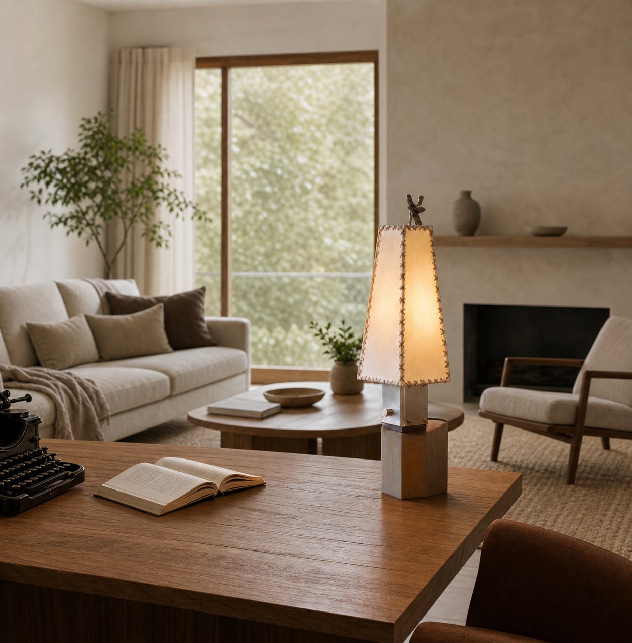 Modern Geometric Metal Table Lamp – Parchment Shade for Bedroom Nightstand Lighting