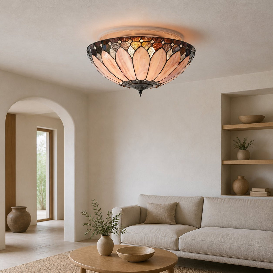 TF Brooklyn Tiffany Glass Flush Mount Ceiling Light - Art Deco Design for Hallway or Living Room