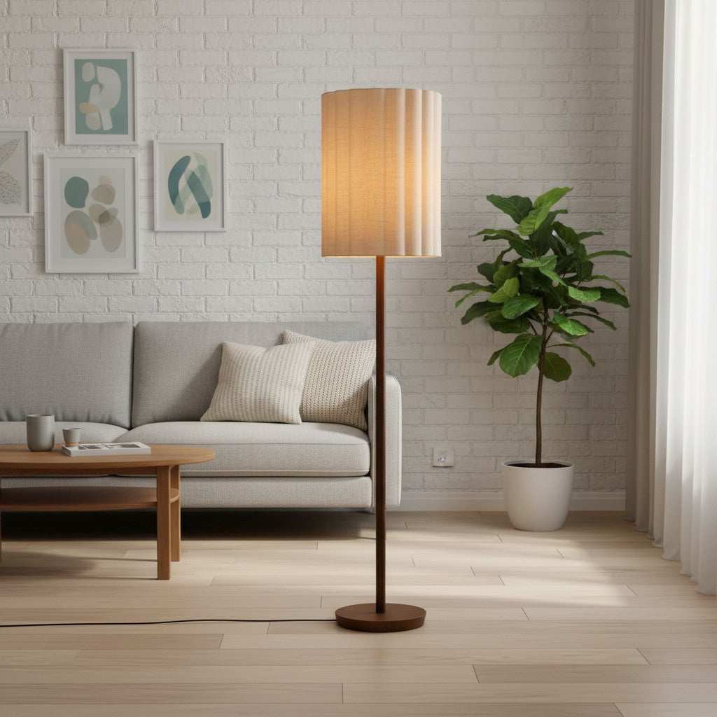 Linbron Walnut Wood Floor Lamp with Fluted Linen Shade – Modern Natural Home Decor
