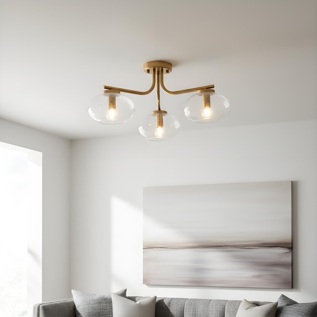 Bublaris Bubble-Glass Semi-Flush Ceiling Light - Curved Brass Arms for Living Room or Hallway