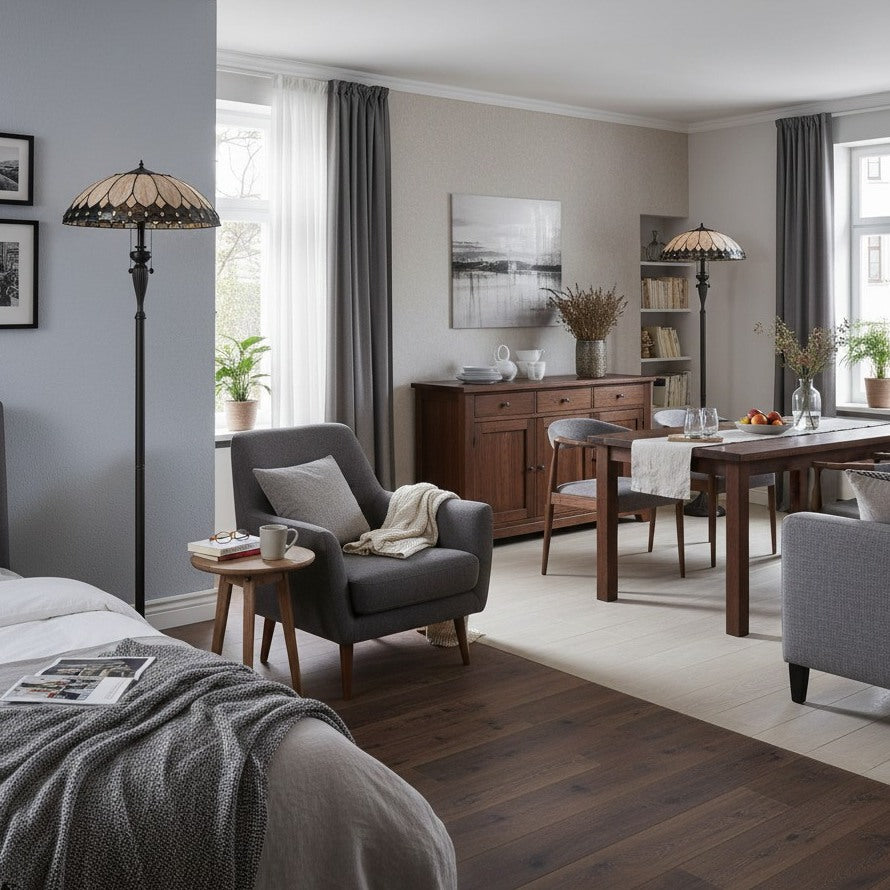 TF Brooklyn Geometric Art Deco Tiffany Floor Lamp –  Stained Glass Shade and Satin Black Base for Living Room