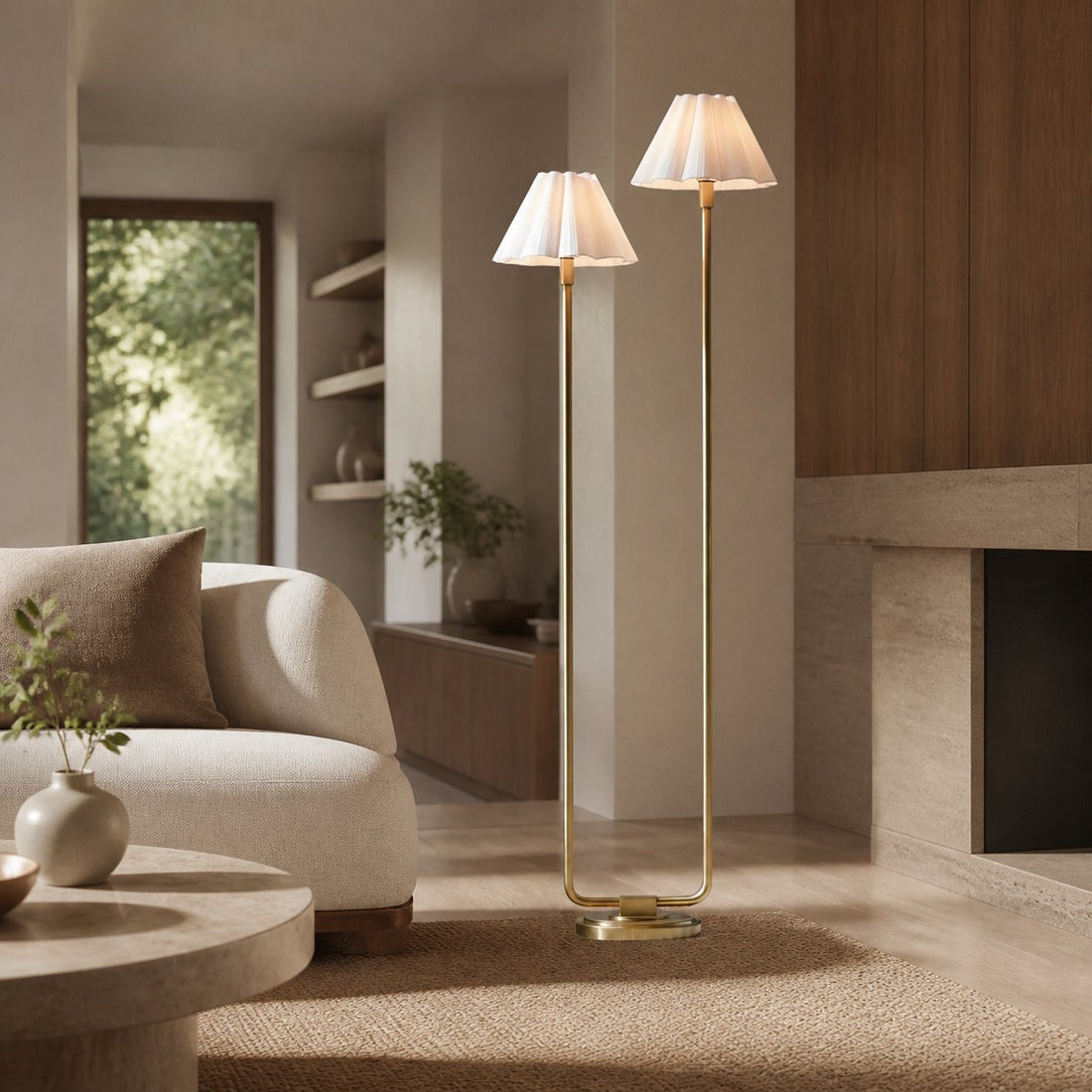 Duova Minimalist 2‑Light Floor Lamp - Modern Pleated Fabric Metal Light for Bedroom or Living Room