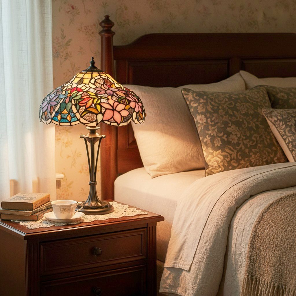 TF Sullivan Tiffany Table Lamp - Floral Stained Glass Design for Bedroom or Living Room