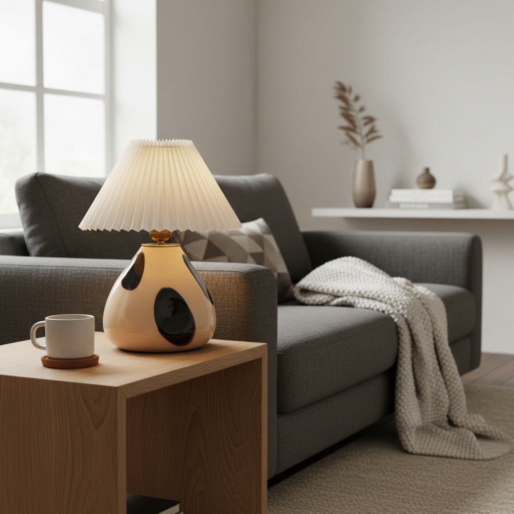 Undara Table Lamp - Pleated Fabric Shade Glass-Base Decorative Lamp for Living Room