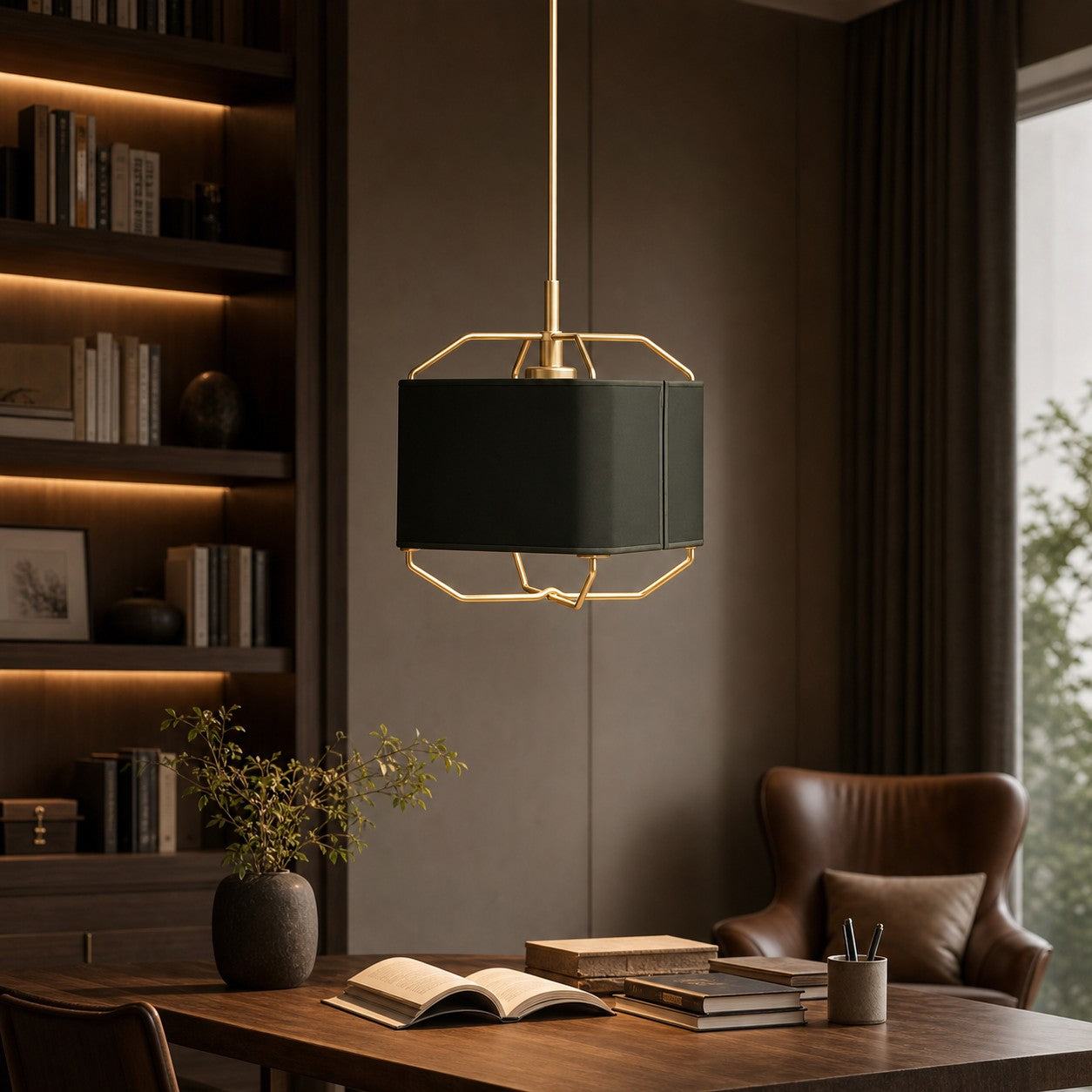 Dark green leather pendant lamp in a study