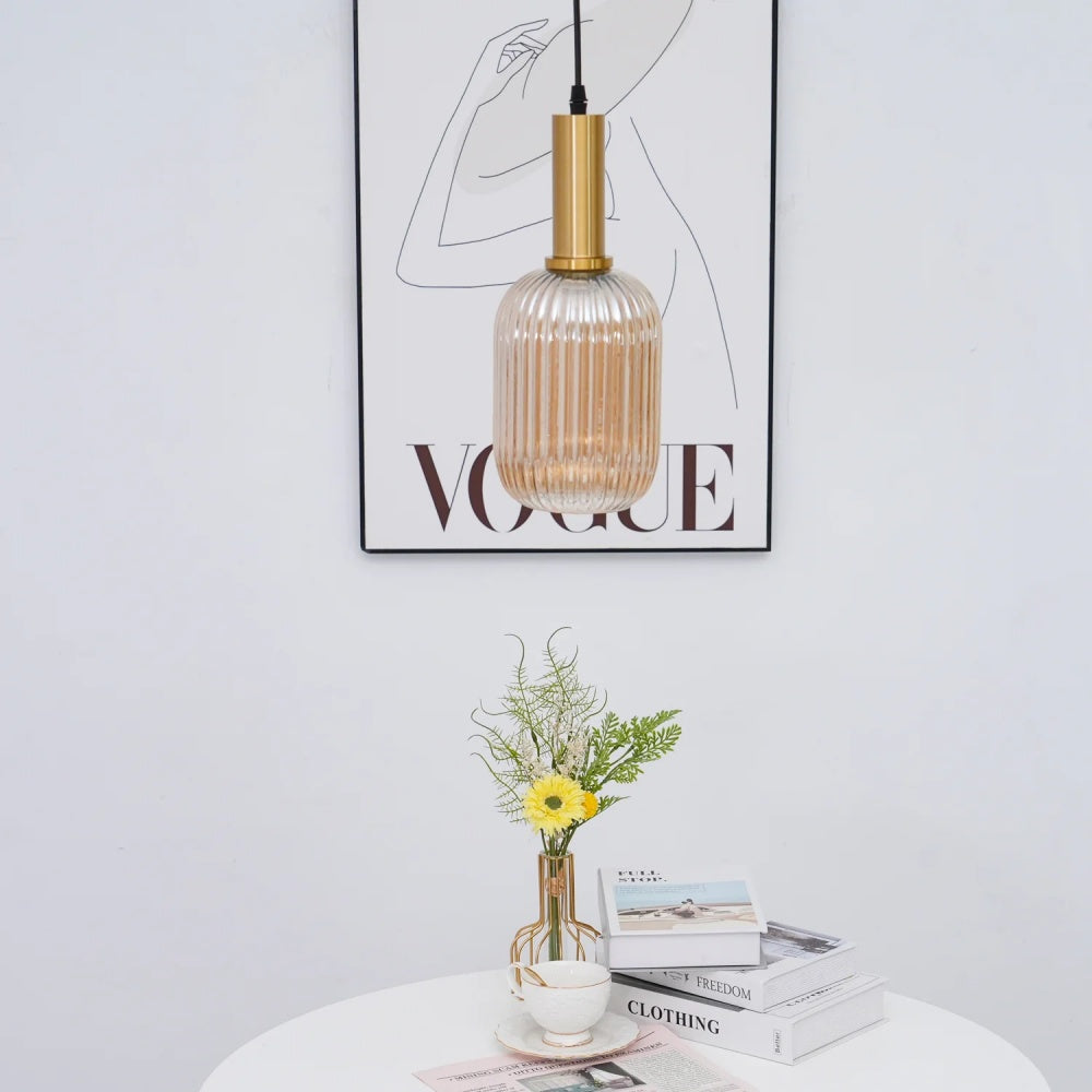 Ribbed Stained Glass Pendant Lamp – Retro Lantern Shape Hanging Light