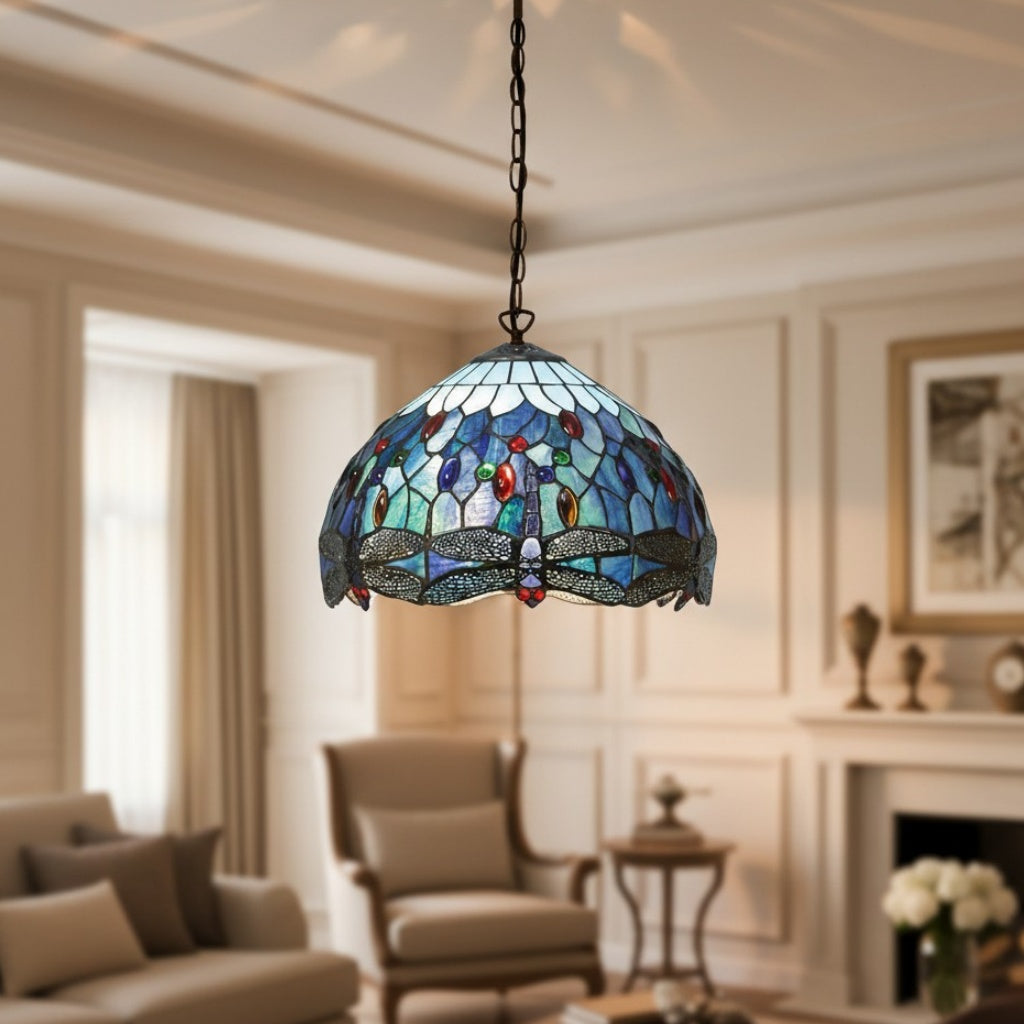 TF Dragonfly Blue Tiffany Pendant Light – Art Nouveau Stained Glass Pendant for Living