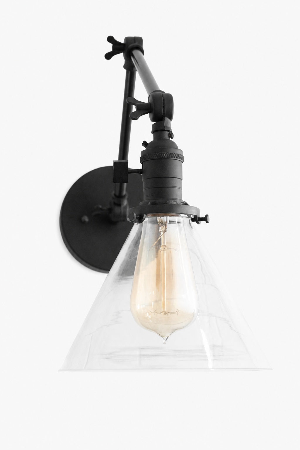 Conique Metal Industrial Wall Sconce with Adjustable Arm - Vintage Glass Cone Shade