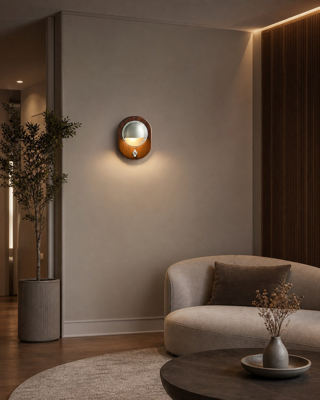 Ivoran Modern Wall Sconce - Ash Wood and Brass Spherical Lamp for Bedroom and Hallway