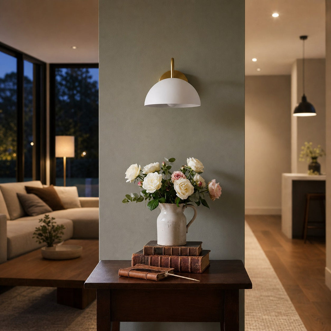 Curva Metal  Industrial Wall Sconce - Curved Brass Arm - Hammered Dome Light Fixture