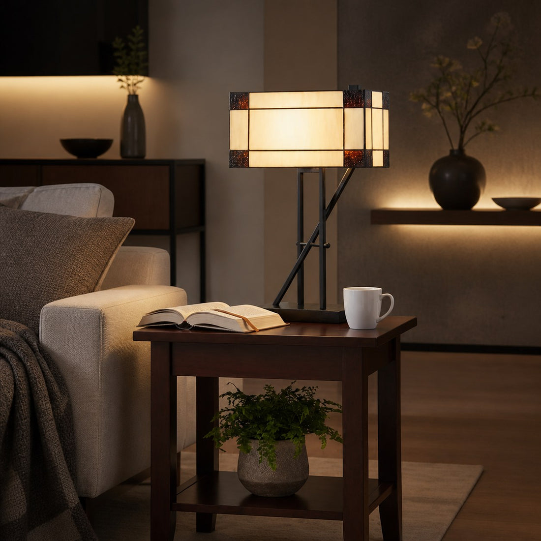 TF Manchester Table Lamp – Vintage-Inspired Stained Glass Table Light for Reading Nook or Bedroom