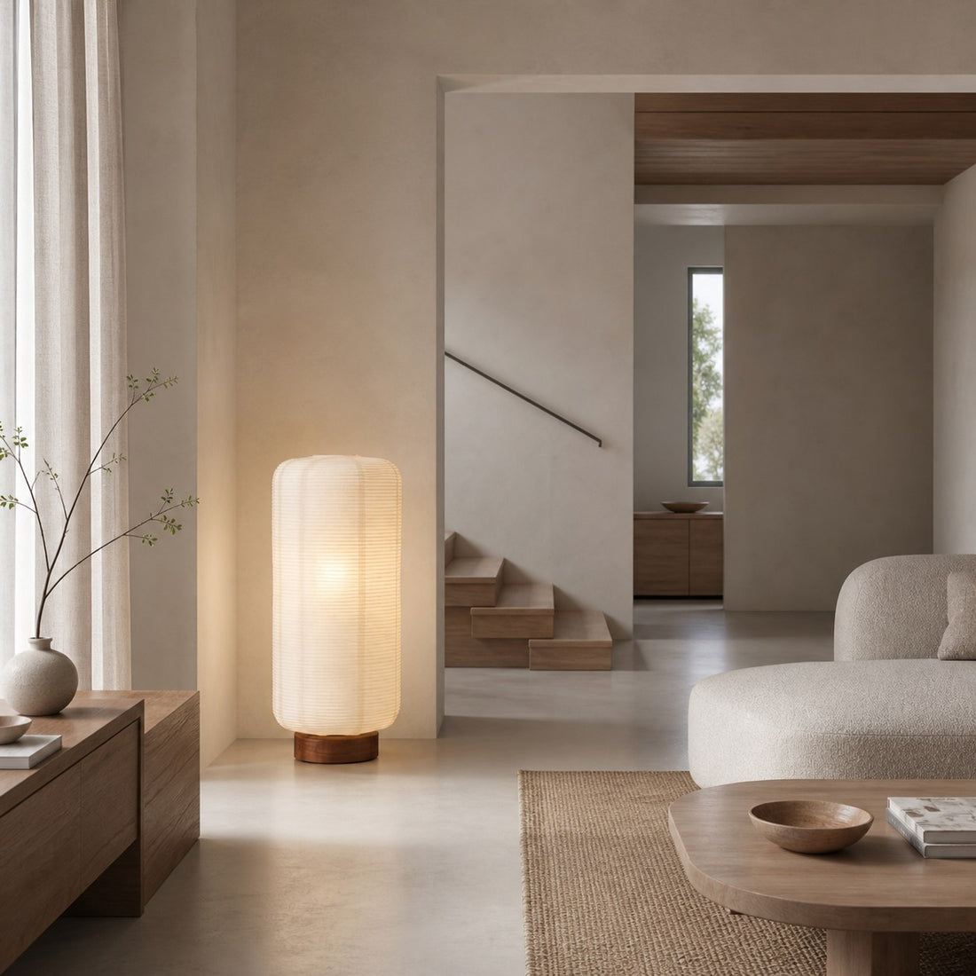 Tivo Minimalist Ribbed Floor Lamp - Simple Solid Wood Base with Paper Lampshade Suitable for Living Room and Bedroom