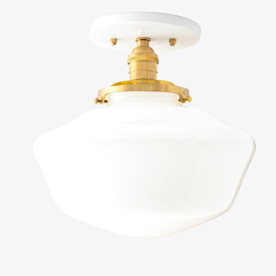 Geotower Glass Brass Ceiling Light - Opal Glass Schoolhouse Shade - Modern Elegance