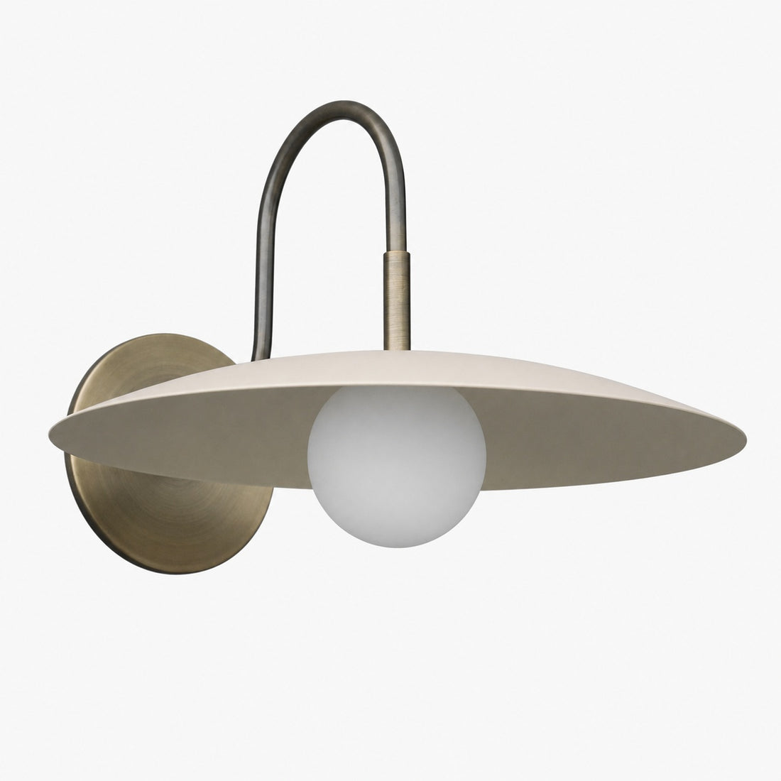 Curva Metal Modern Wall Sconce - Antique Brass Arm with Cream Disc Shade