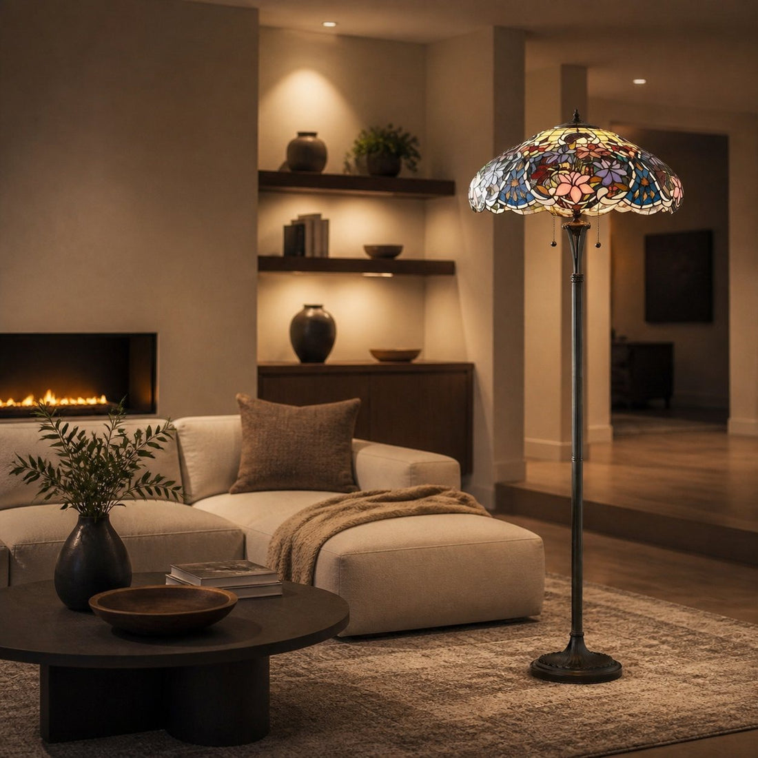 TF Sullivan Tiffany Floor Lamp - Floral Stained Glass Design for Study or Living Room