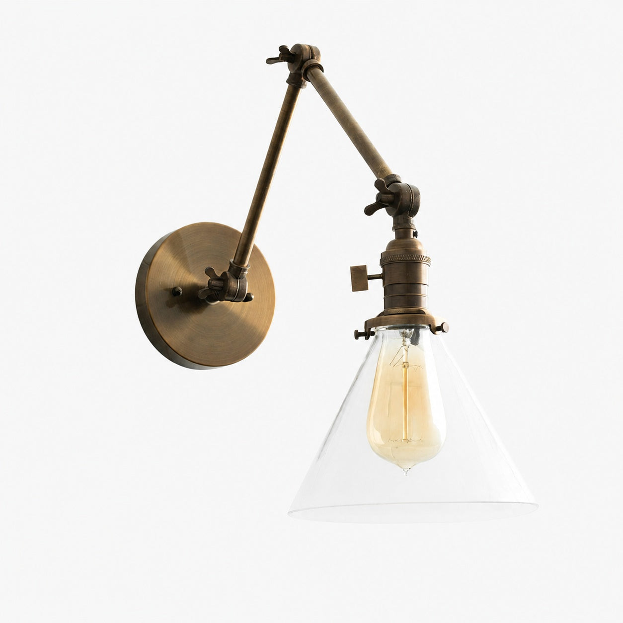 Conique Metal Industrial Wall Sconce with Adjustable Arm - Vintage Glass Cone Shade