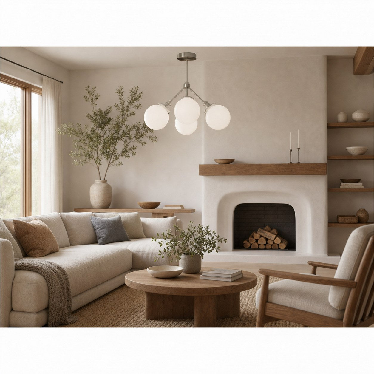 Glorica Glass Chandelier - Brass Globe Ceiling Light with Opal Shade