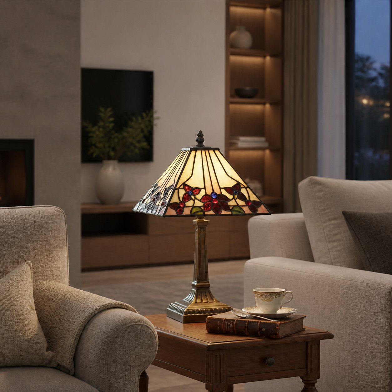 TF Camillo Dragonfly Stained Glass Table Lamp - Art Nouveau Tiffany Style with Scalloped Edge for Living Room and Bedroom