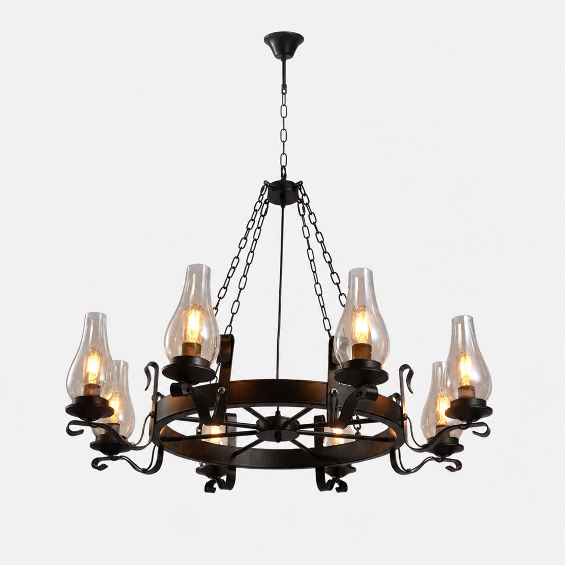 Eight-light wagon wheel chandelier with clear hurricane glass shades