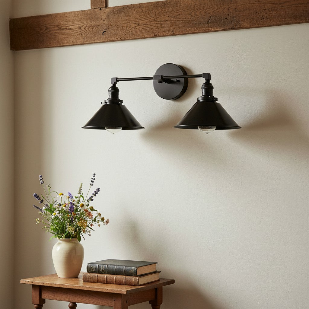 Conique Metal Dual Black Sconce with Cone Shades - Industrial Vanity Wall Light for Mirror