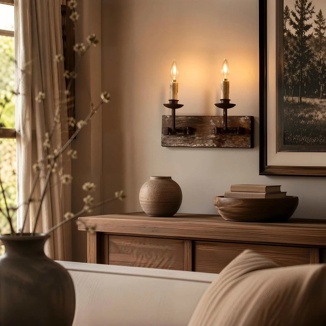 Two light rustic candle wall sconce glowing above a wooden console