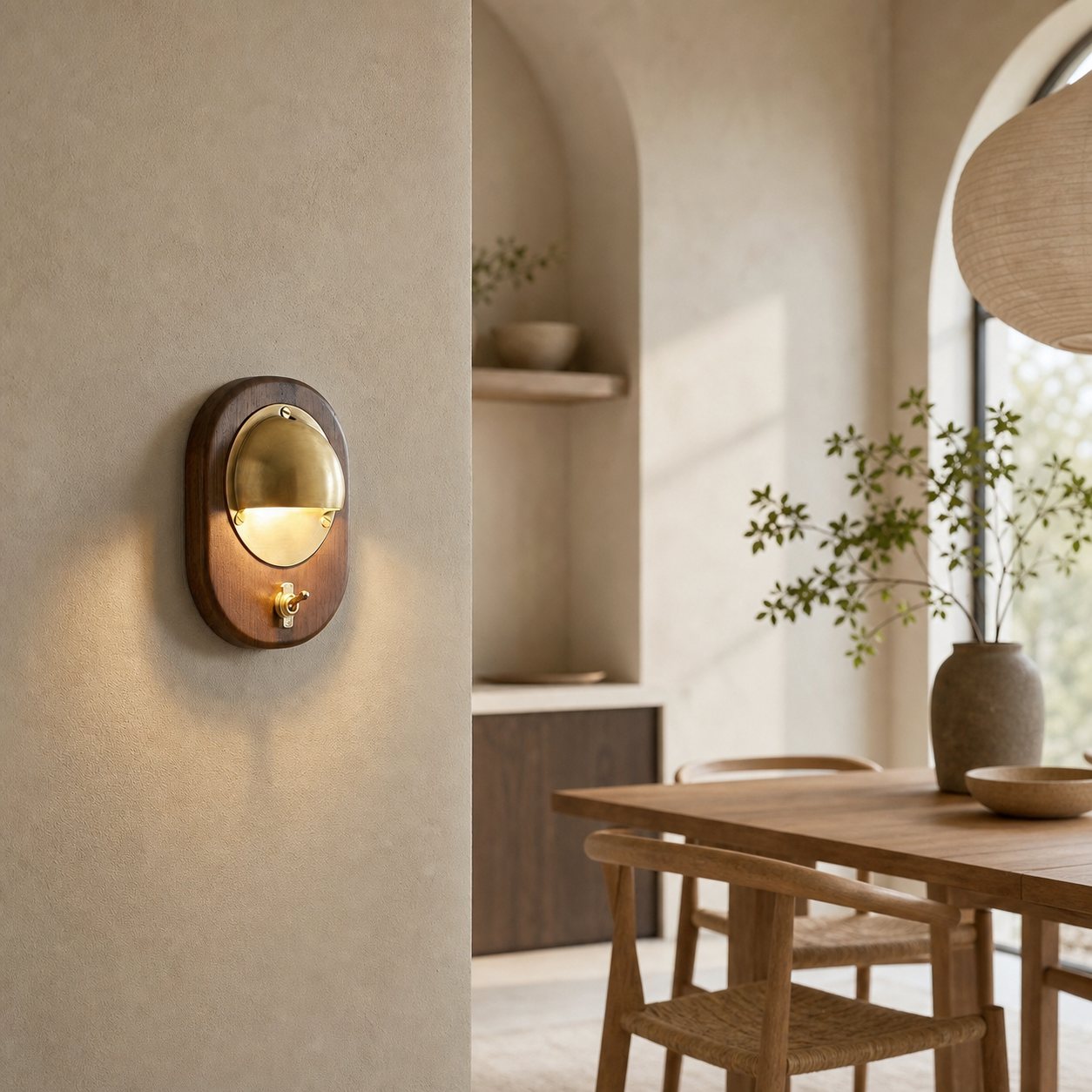 Ivoran Modern Wall Sconce - Ash Wood and Brass Spherical Lamp for Bedroom and Hallway