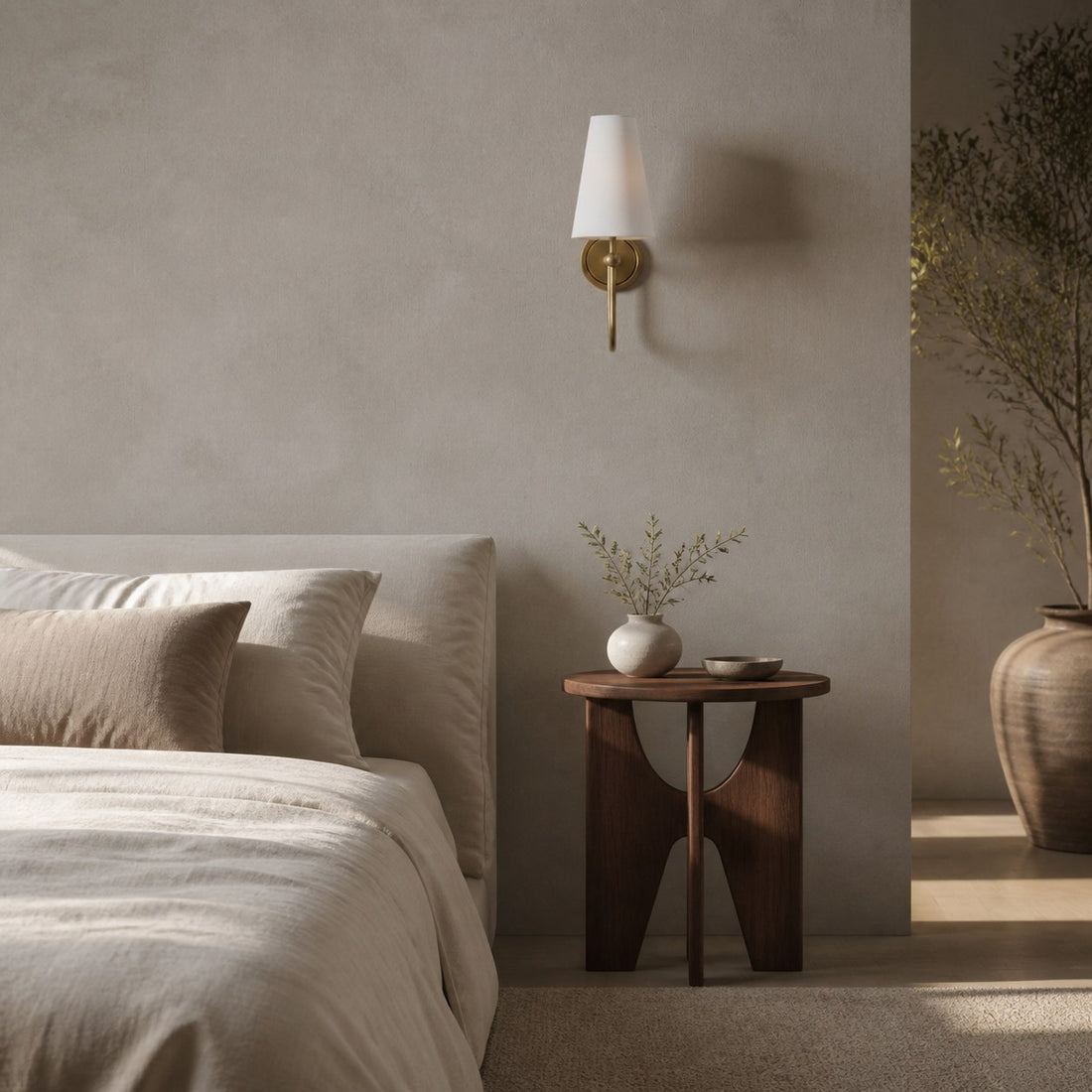Serena Elegant Swoop Arm Sconce – Modern Fabric Shade Wall Lamp for Hallway and Bedroom