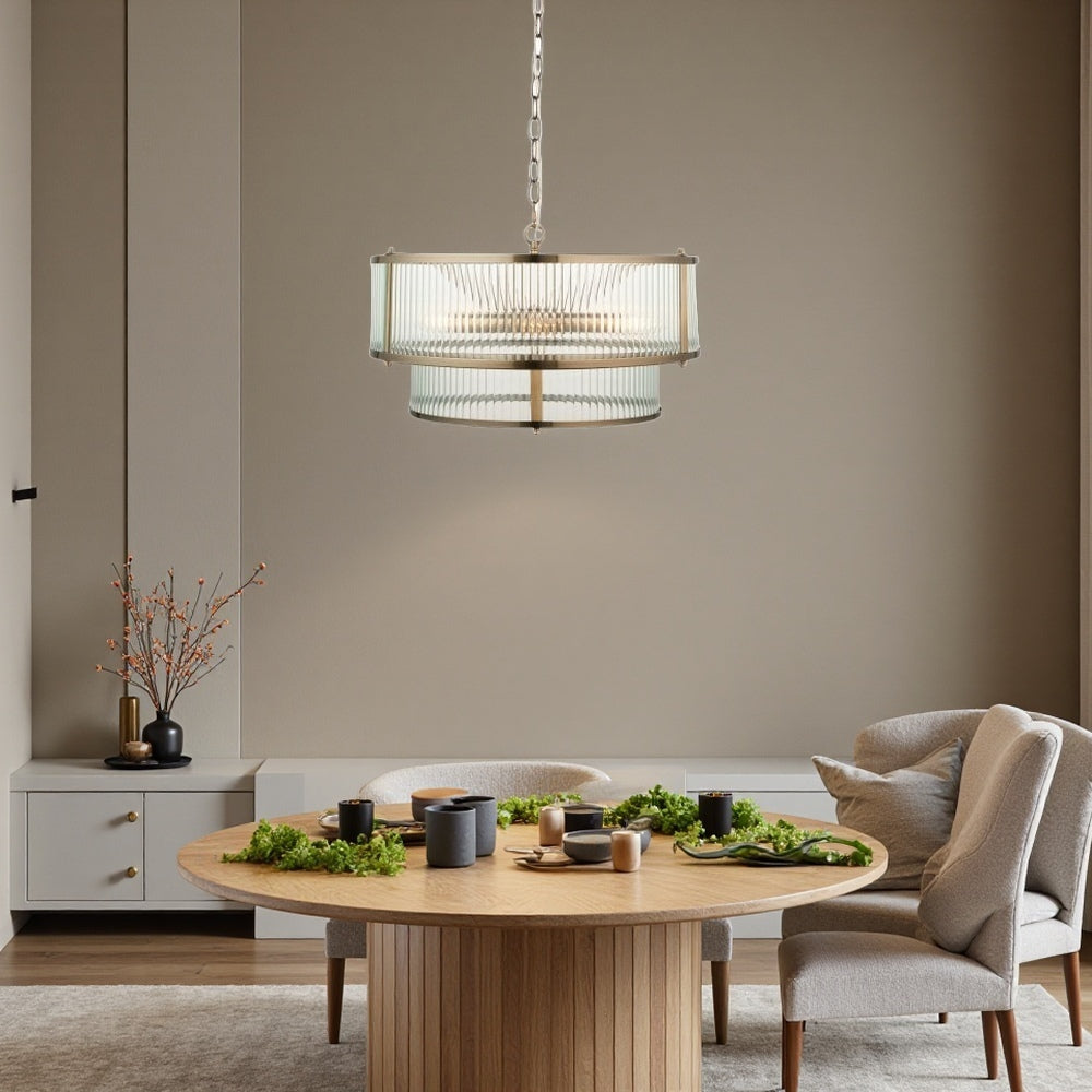 Two Tiered Ribbed Glass Pendant Lamp – Antique Brass Metal Light