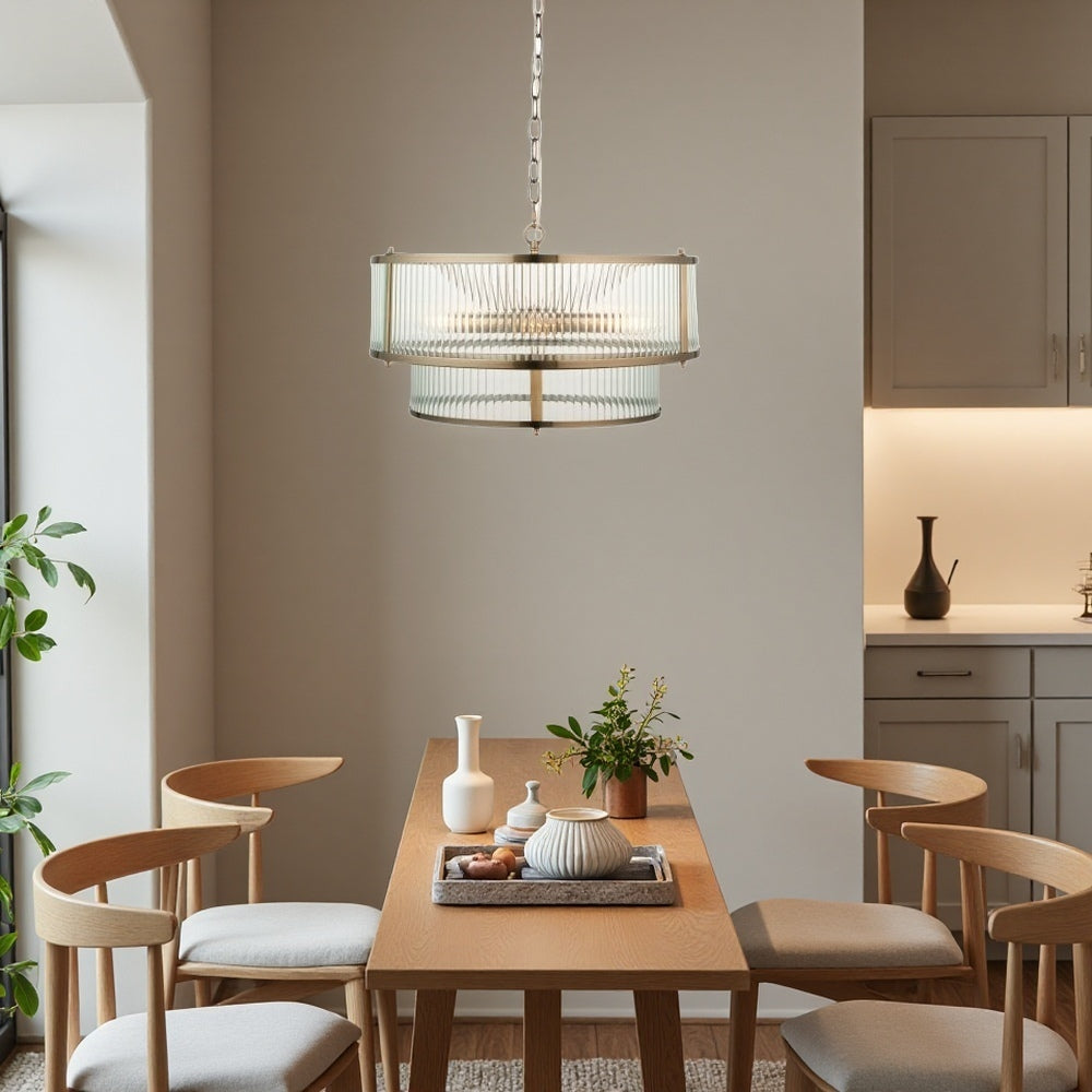 Two Tiered Ribbed Glass Pendant Lamp – Antique Brass Metal Light