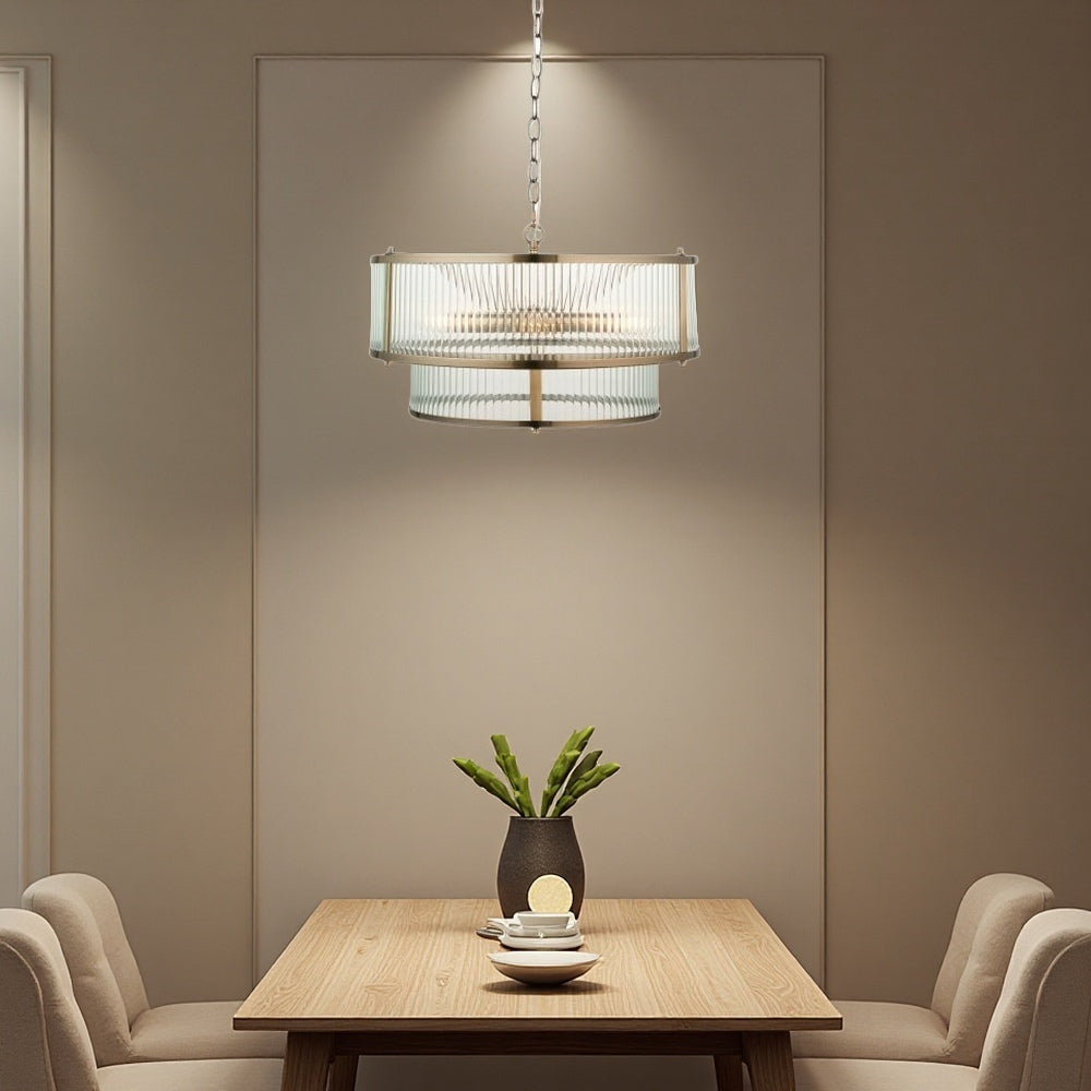 Two Tiered Ribbed Glass Pendant Lamp – Antique Brass Metal Light