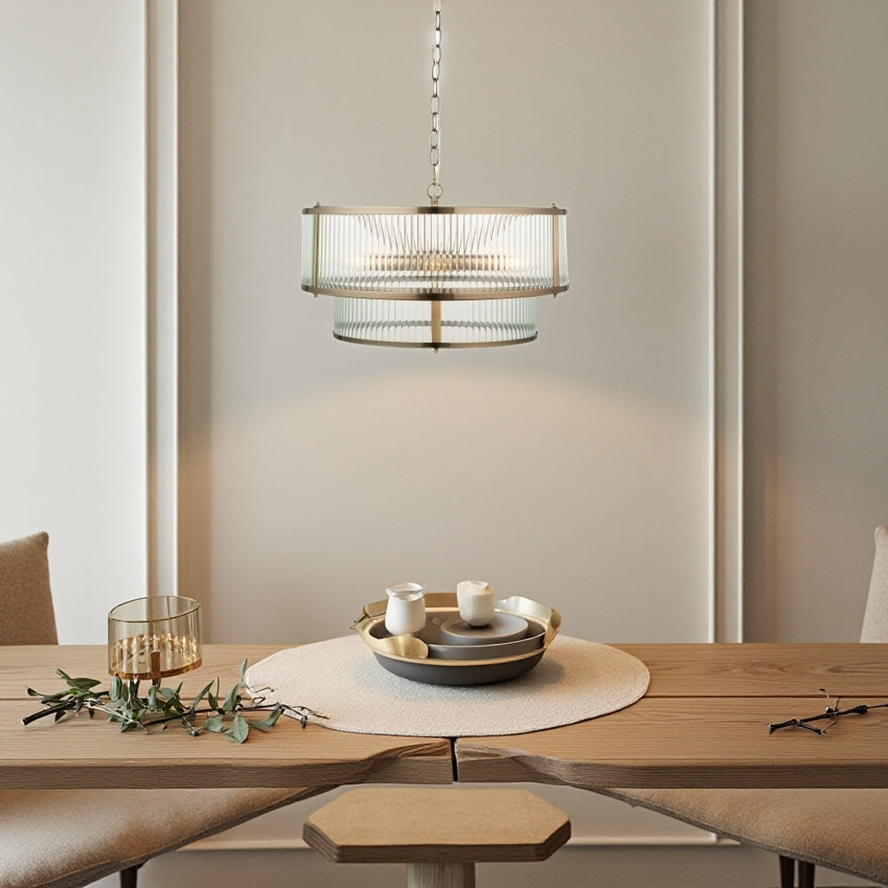 Two Tiered Ribbed Glass Pendant Lamp – Antique Brass Metal Light