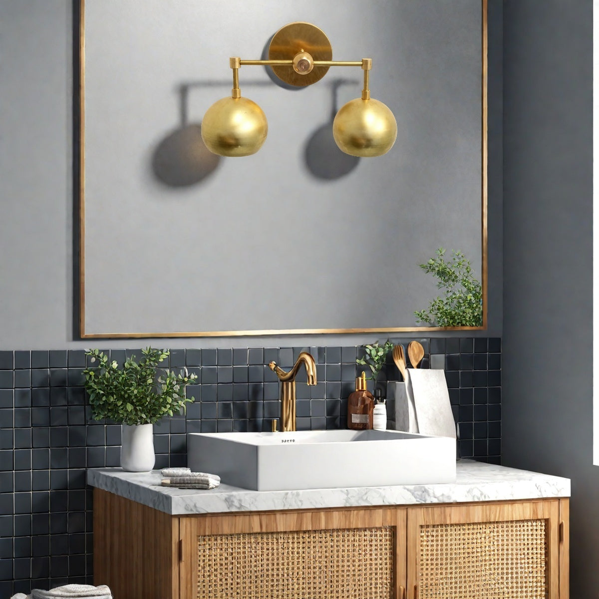 Raw Brass Wall Light - Double Ball Gold Metal Vanity Wall Sconce