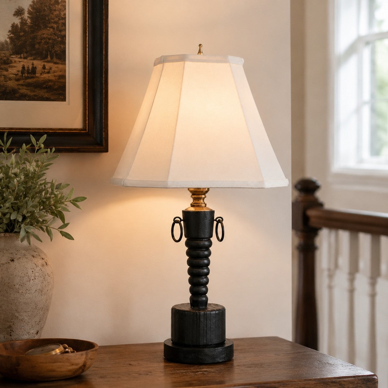 Vintage Black Wood Table Lamp with White Fabric Shade