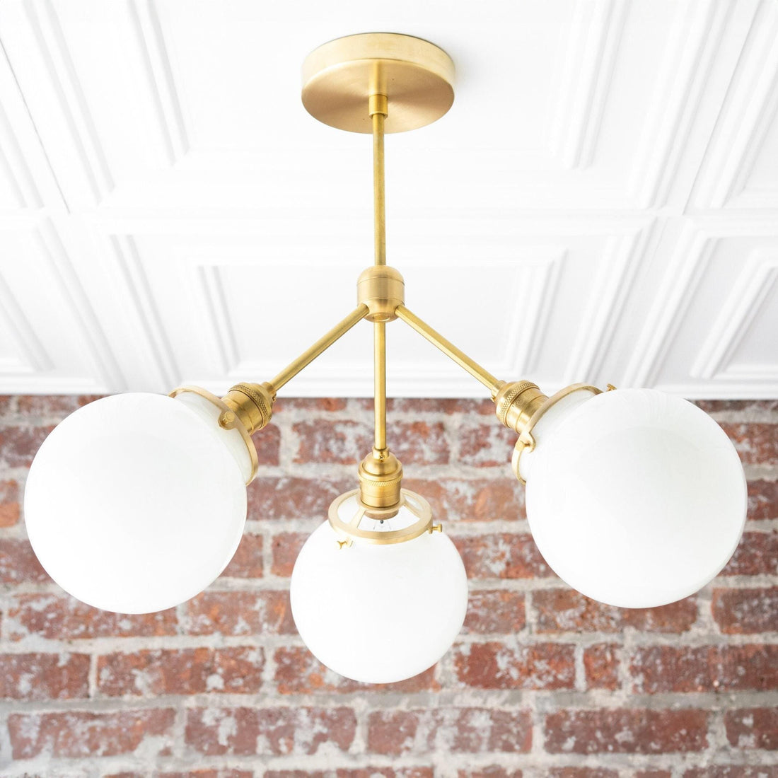 Glorica Glass Chandelier - Brass Globe Ceiling Light with Opal Shade