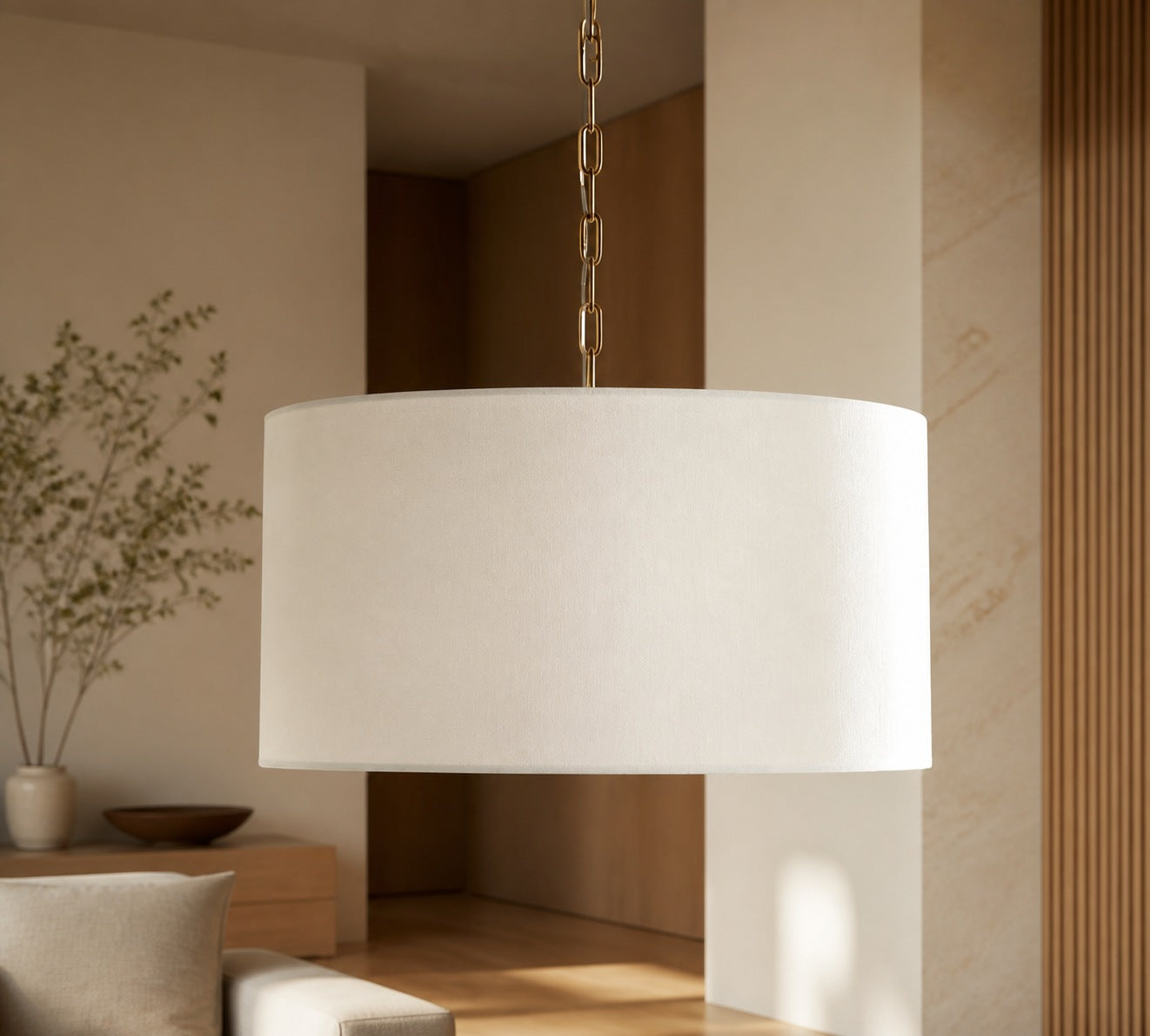 Dumora Iron Linen Drum Pendant - Vintage Brass Hanging Ceiling Light