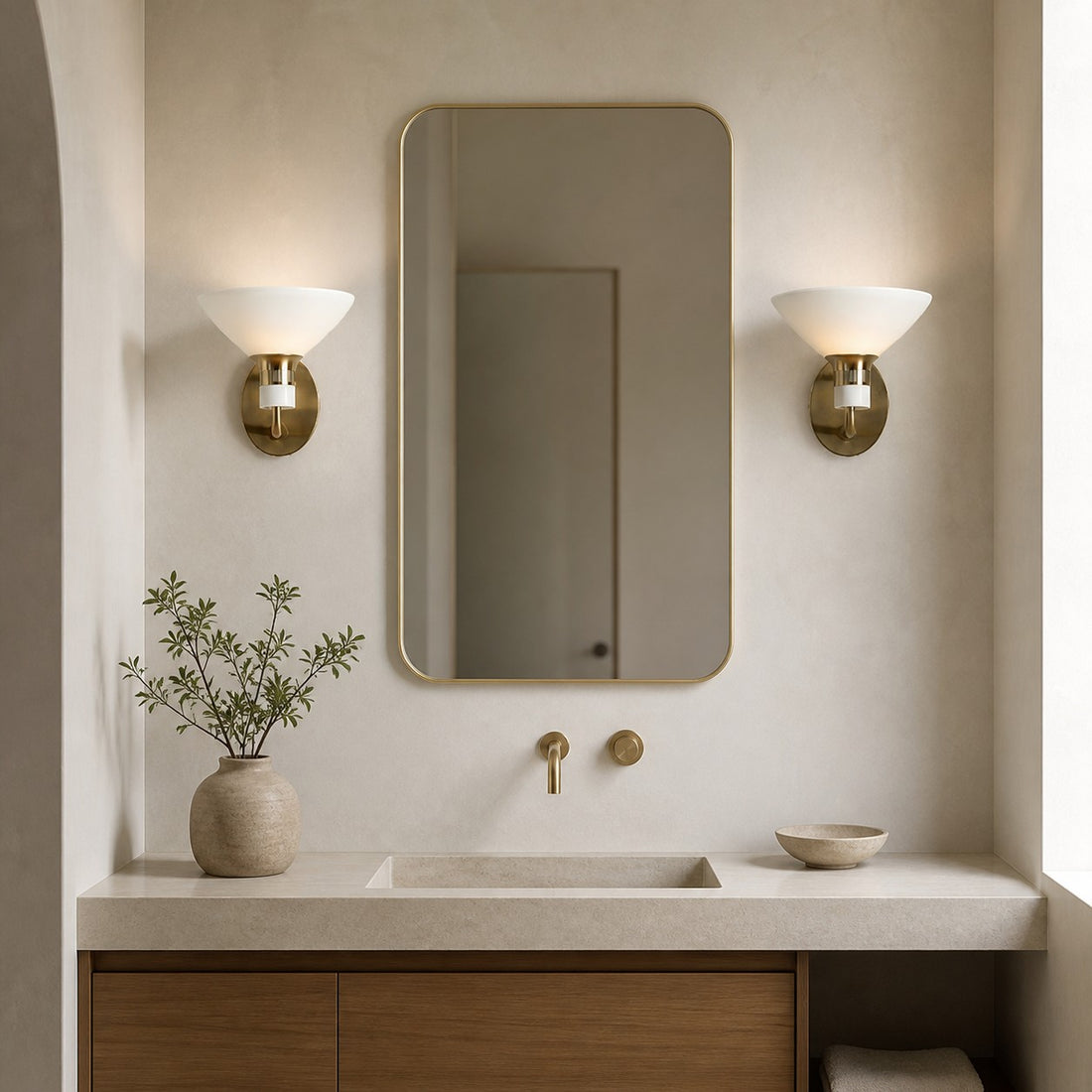 Calvor Champagne Bronze Sconce – Porcelain Ivory Shade Hardwired Wall Light
