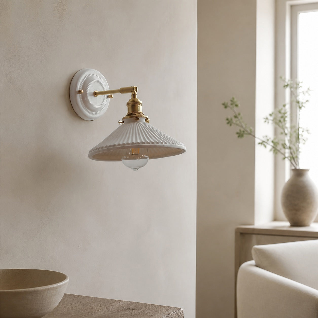 Vintage Japanese Ceramic Brass 1-Light Wall Sconce Lamp