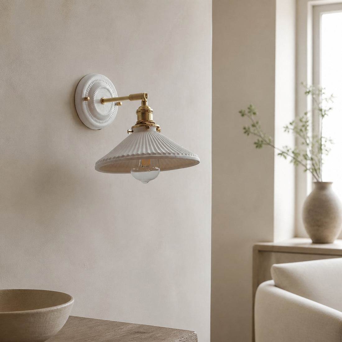 Vintage Japanese Ceramic Brass 1-Light Wall Sconce Lamp