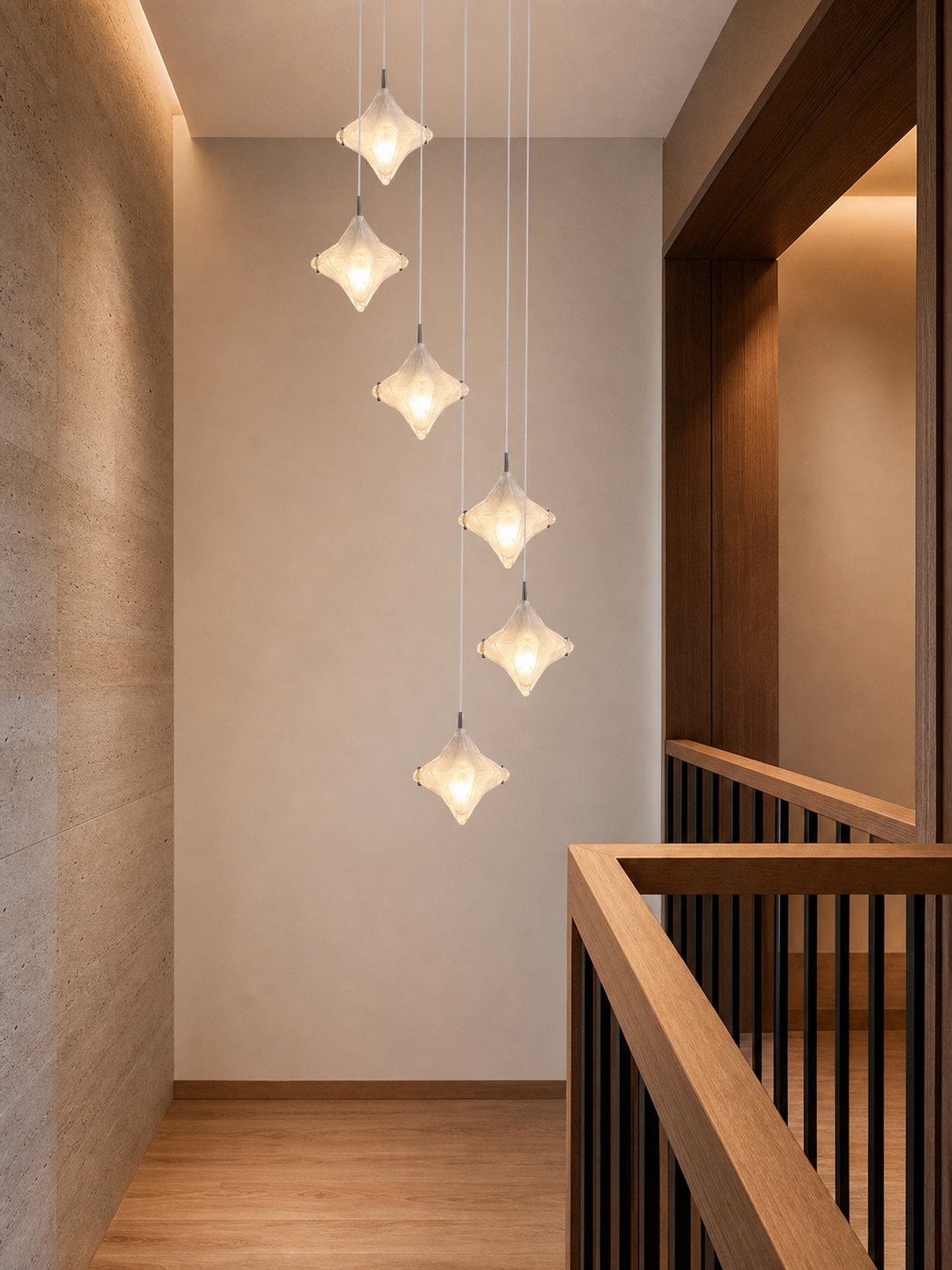 Art Deco Star Staircase Pendant Light – Frosted Glass Hanging Fixture –  Astris Altair