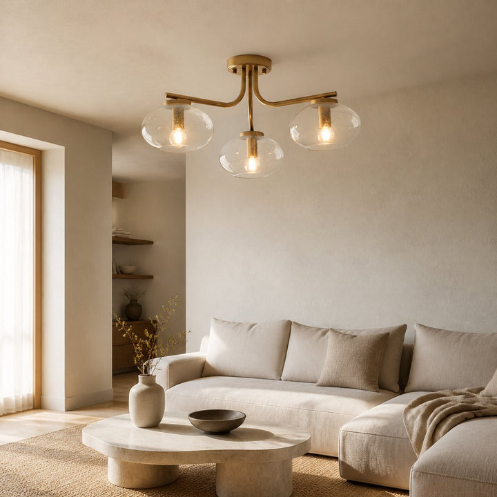 Bublaris Bubble-Glass Semi-Flush Ceiling Light - Curved Brass Arms for Living Room or Hallway