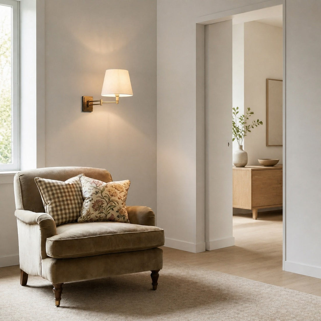 Arcuma Modern Adjustable Arm Wall Sconce with Linen Shade - Contemporary Metal Lighting for Living Room