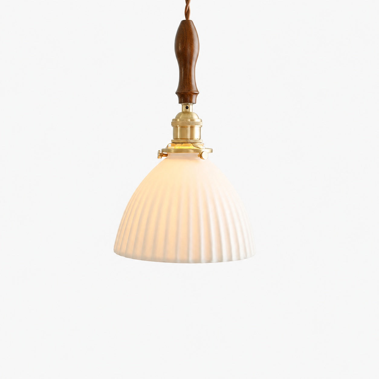 Traditional Japanese Brass Walnut Glass Ceramic Cylinder Conic Flower Bowl 1-Light Pendant Light For Dining Room