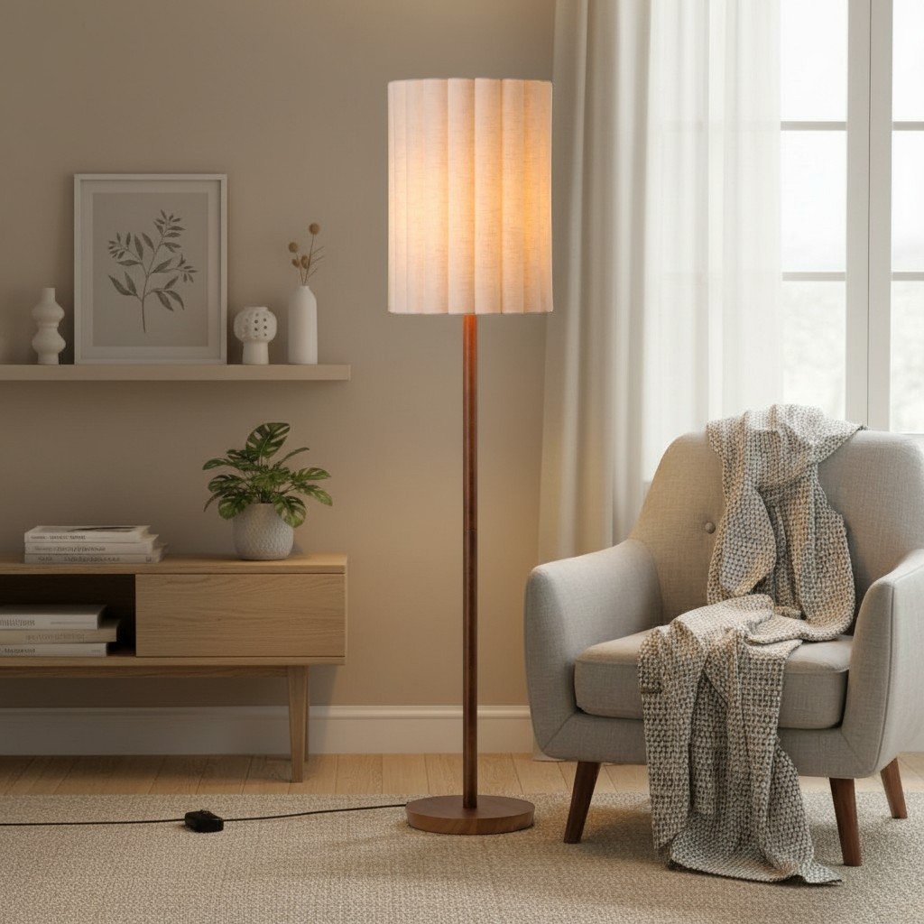 Linbron Walnut Wood Floor Lamp with Fluted Linen Shade – Modern Natural Home Decor
