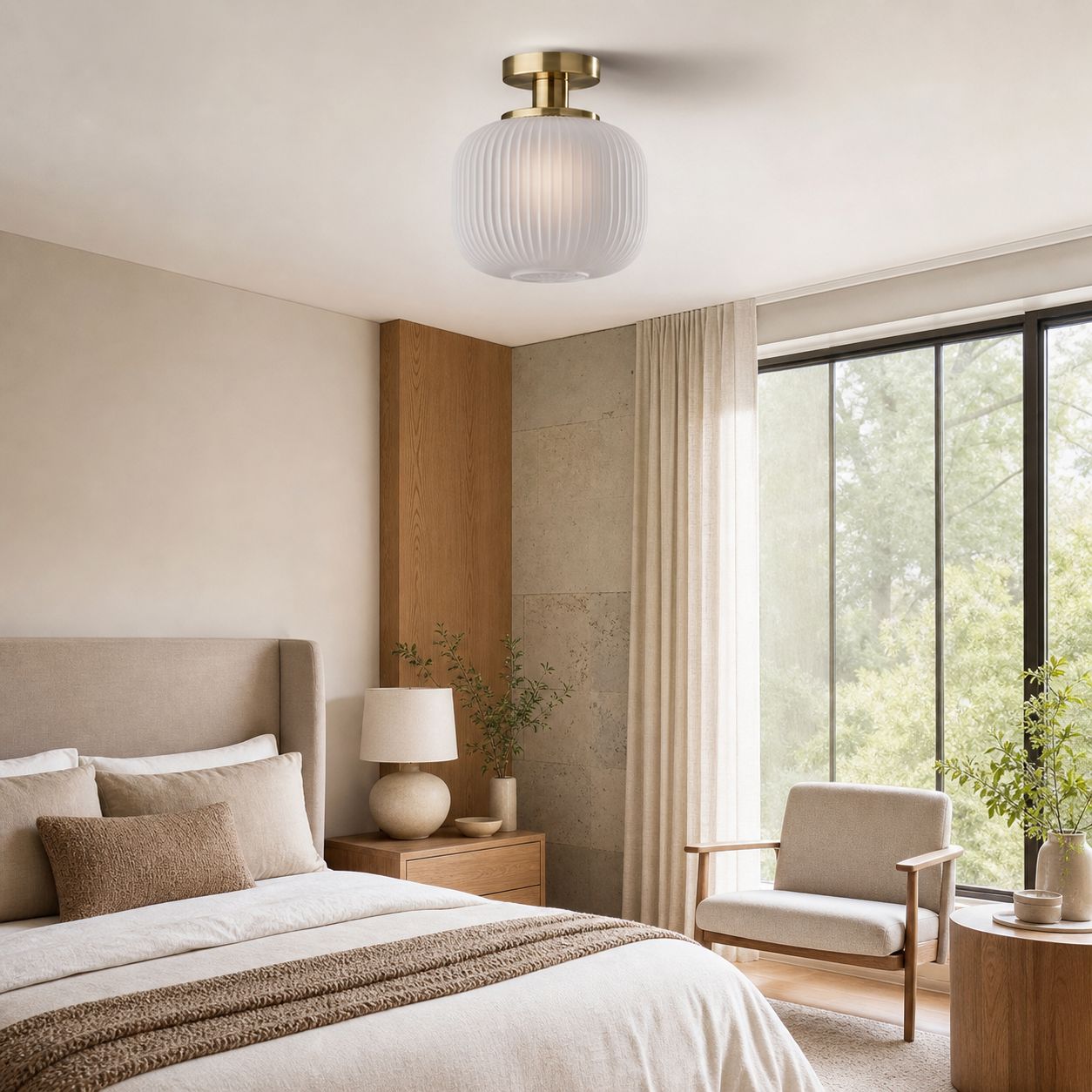 Pelviona Modern Ribbed Glass Pendant - Frosted & Brass Ceiling Light Add Timeless Charm to Your Space