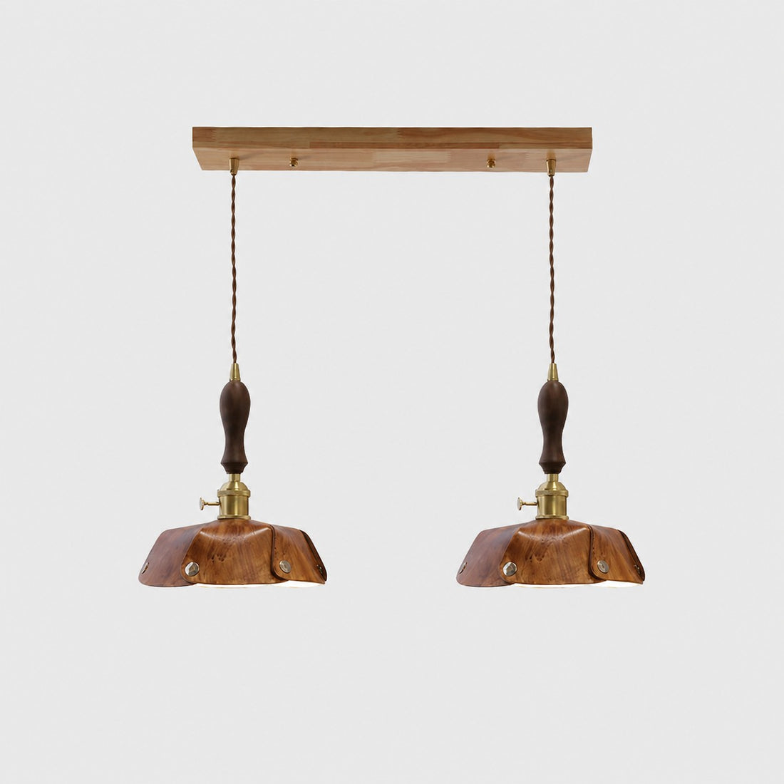 2-Light Linear Pendant Vintage Brown Leather Bar 50 cm / 19.7 in; Shade Dia. 25 cm / 9.8 in
