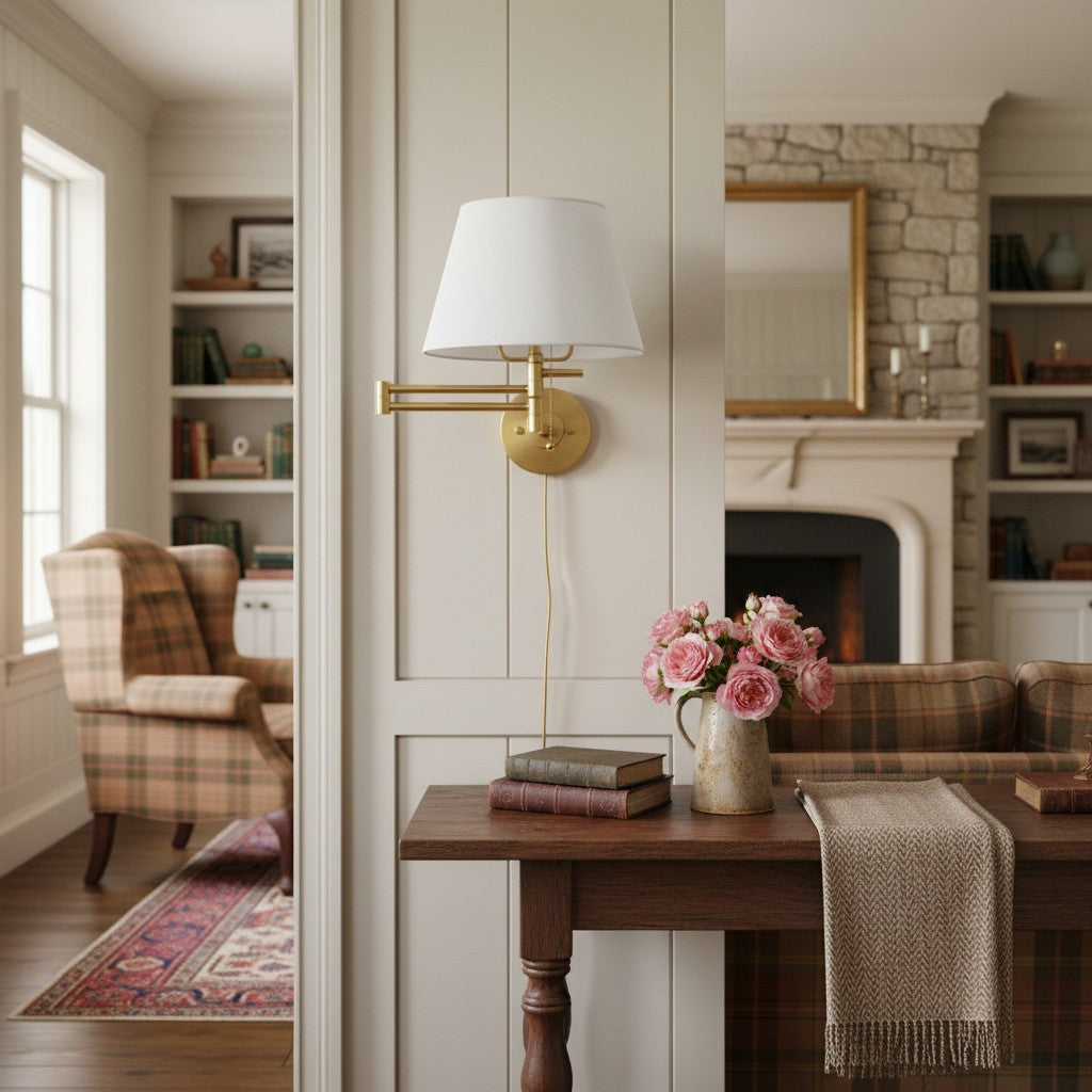 Ornato Luxe Adjustable Arm Wall Light Fixture – Cloth Shade Wall Sconce for Bedside, Entryway