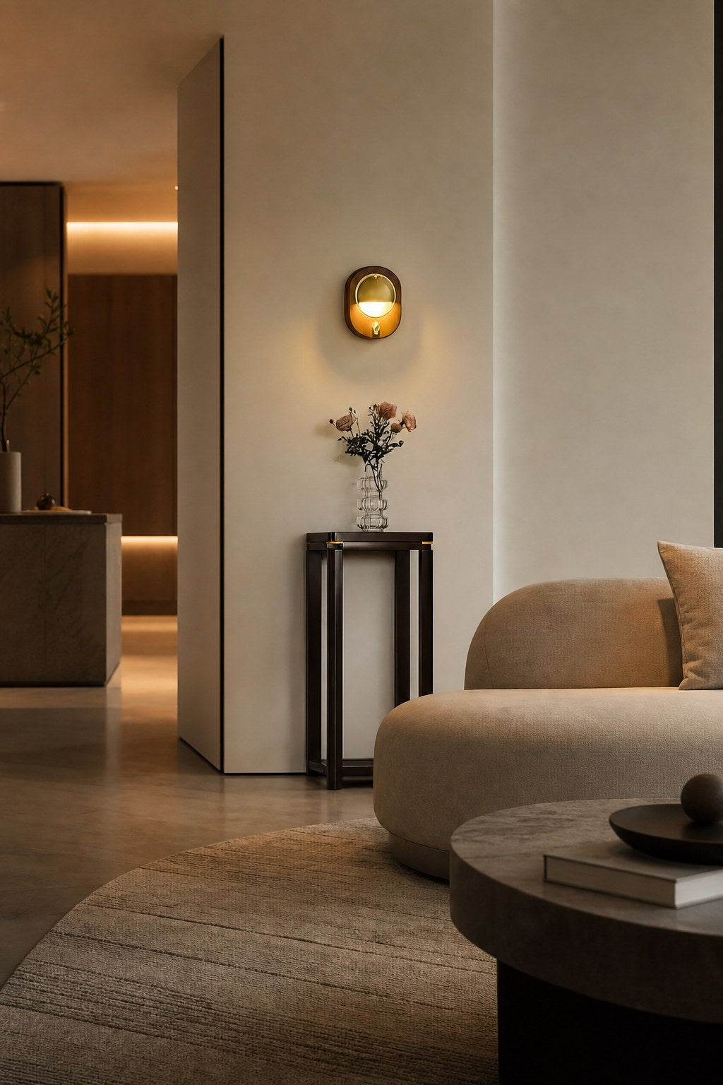 Ivoran Modern Wall Sconce - Ash Wood and Brass Spherical Lamp for Bedroom and Hallway